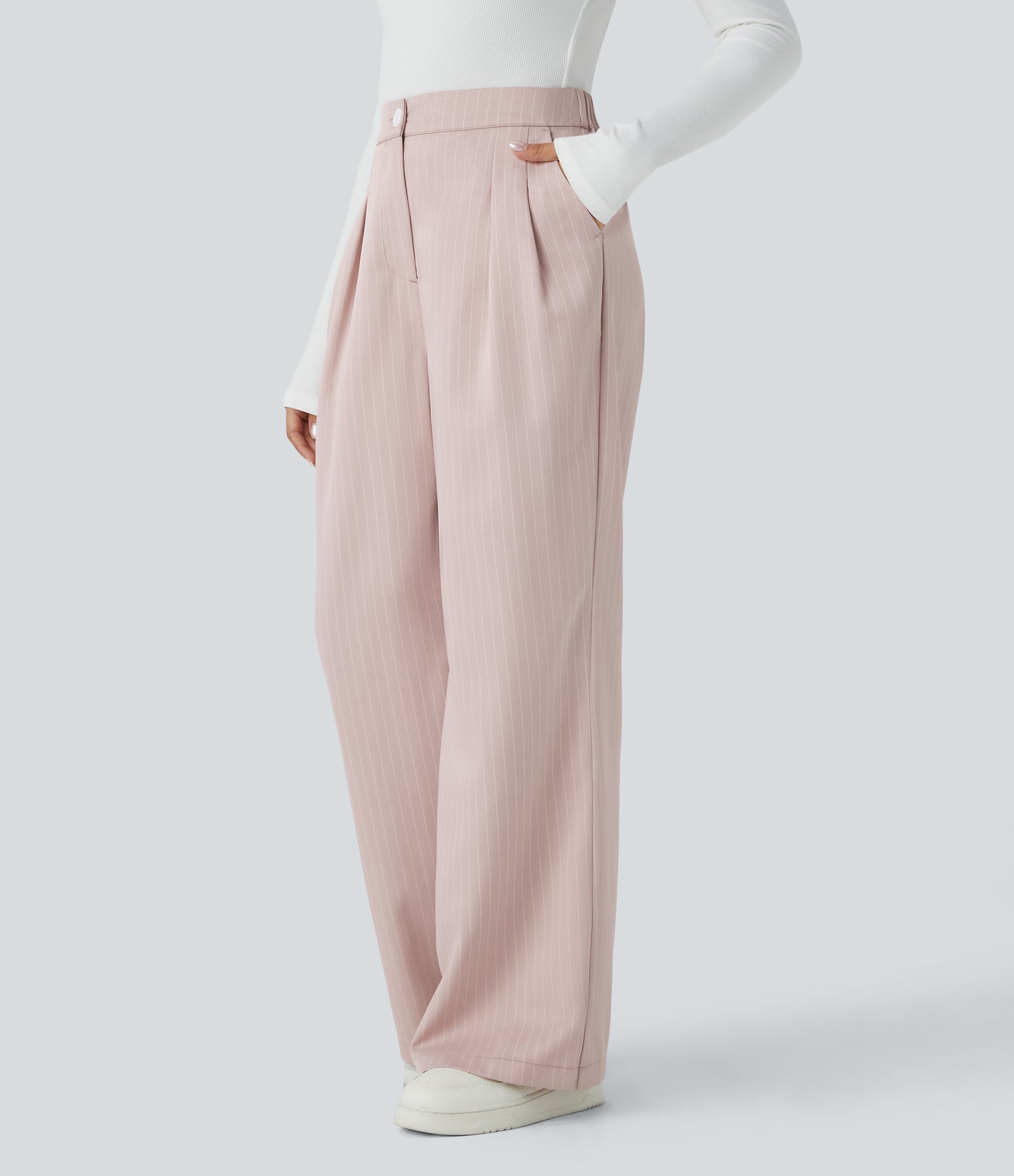 High Waisted Zipper Pocket Wide Leg Striped Work Pants