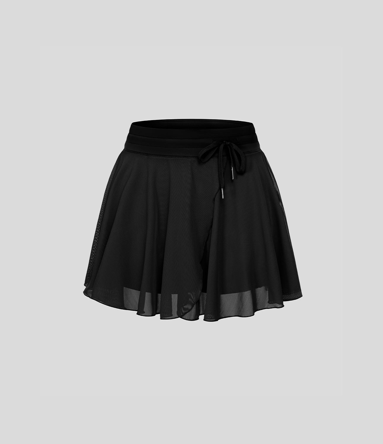 High Waisted Drawstring Contrast Mesh 2-in-1 Pocket Flowy Mini Flare Casual Skirt