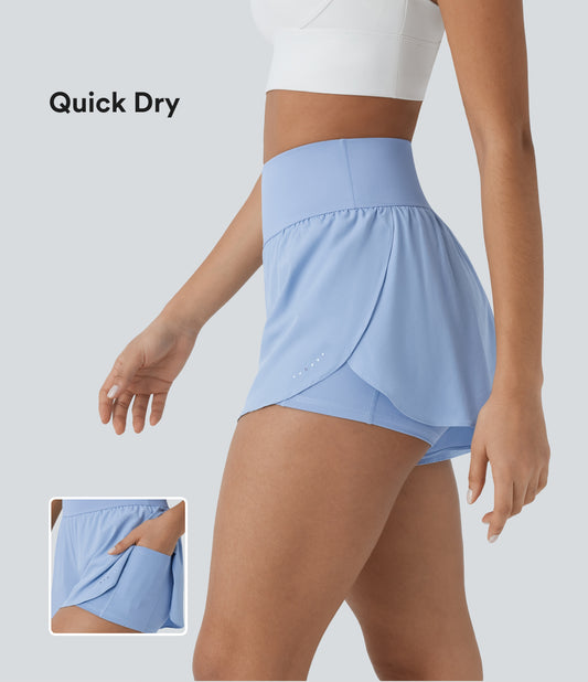 QuickDry High Waisted Reflective Dots Crossover Hem 2-in-1 Pockets Running Shorts