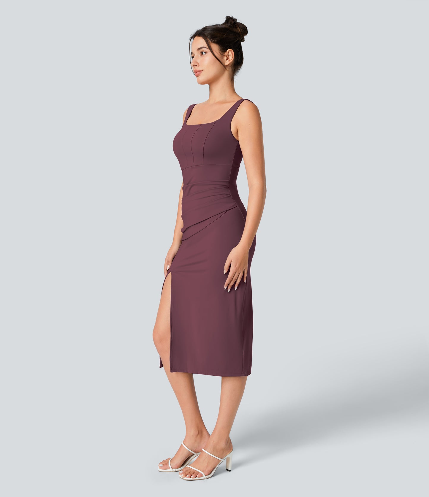 Square Neck Backless Corset Ruched Split Bodycon Midi Cool Touch Bridesmaid and Wedding Guest Dress