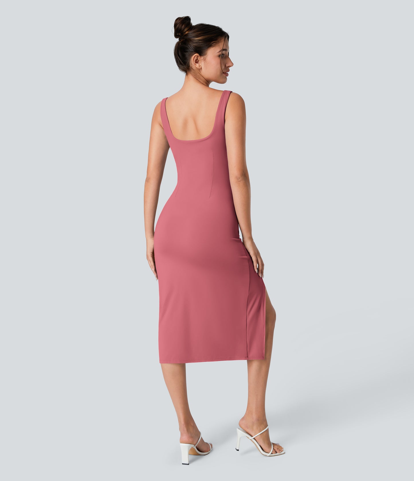 Square Neck Backless Corset Ruched Split Bodycon Midi Cool Touch Bridesmaid and Wedding Guest Dress