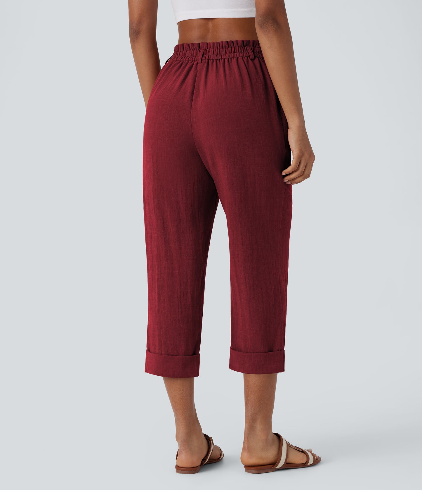 High Waisted Zipper Pocket Capri Linen-Feel Pants