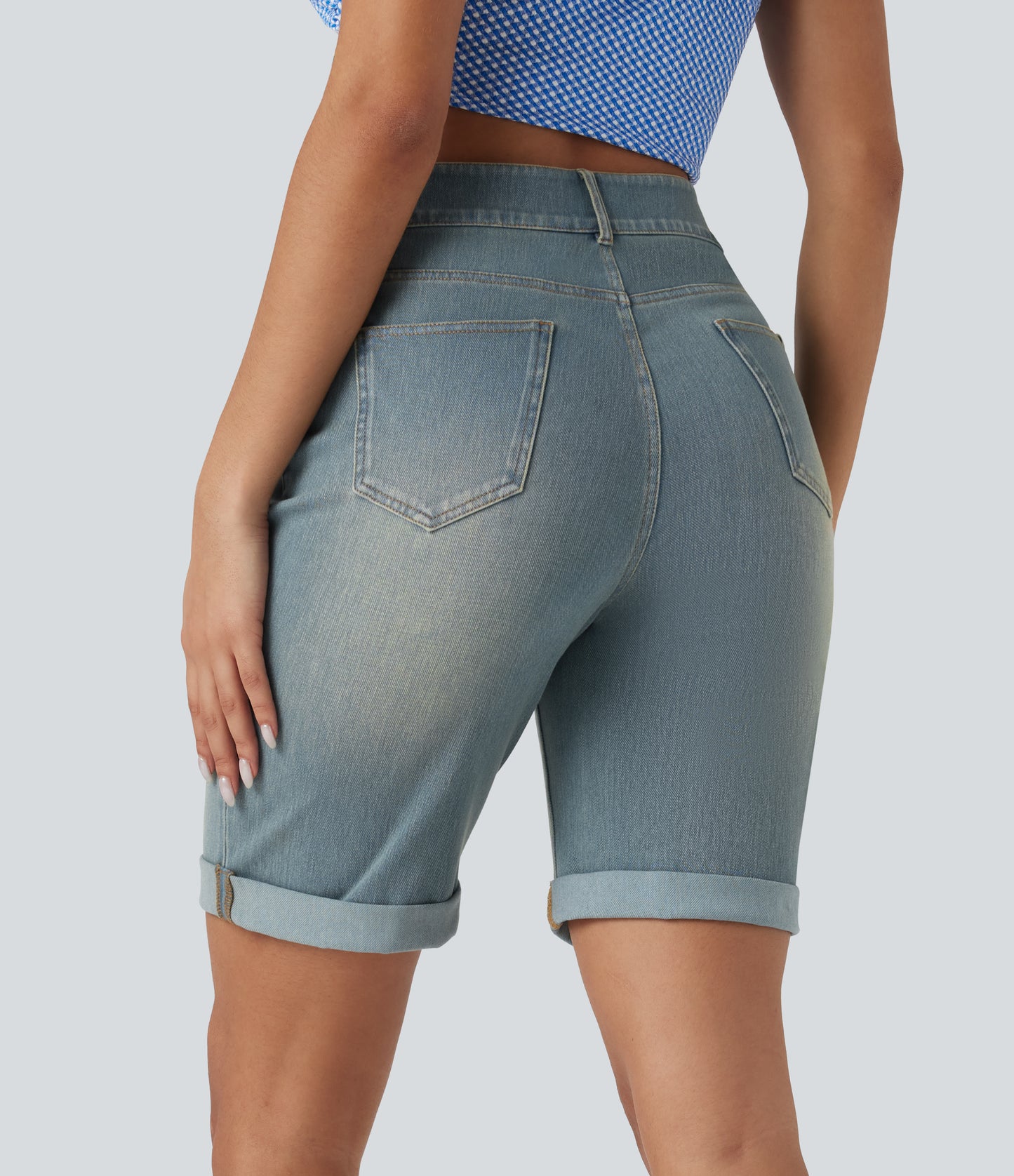 High Waisted Pockets Rolled Hem Washed Denim Casual Bermuda Shorts