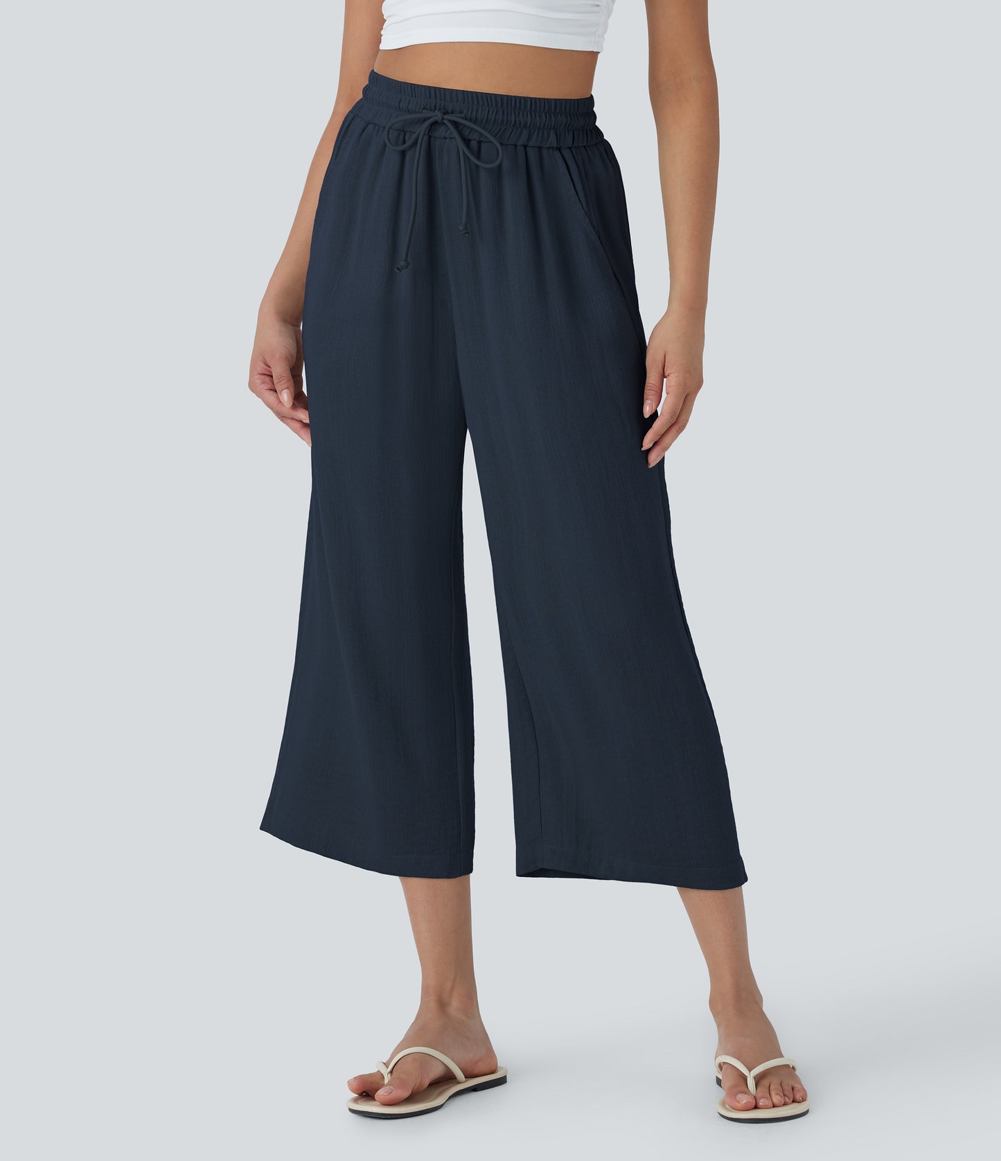 High Waisted Drawstring Wide Leg Cropped Casual Linen-Feel Pants with Pockets