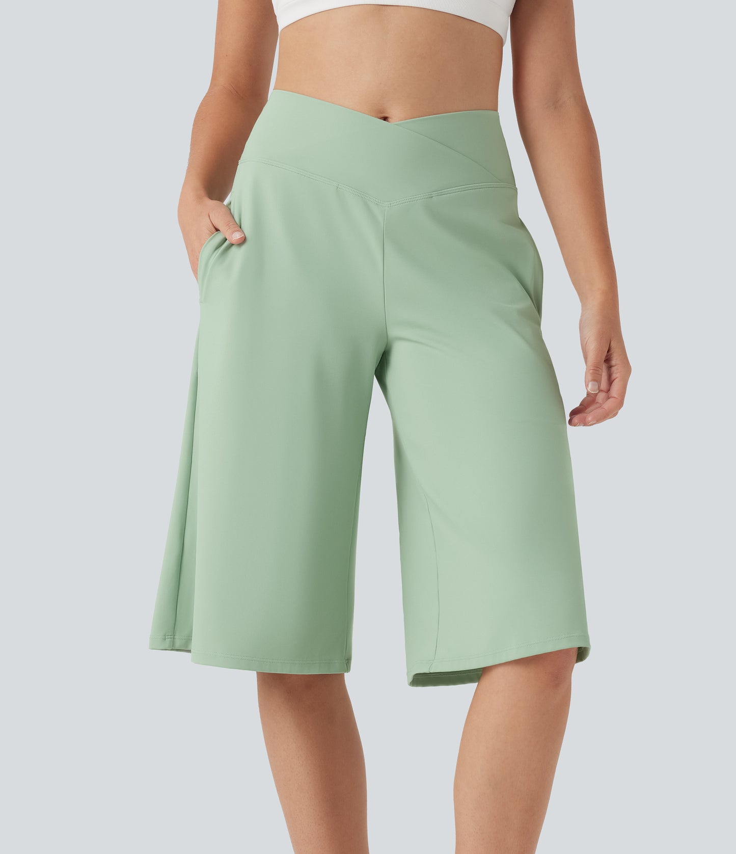 High Waisted Wide Leg Cool Touch Yoga Pedal Pusher Pants with Pockets