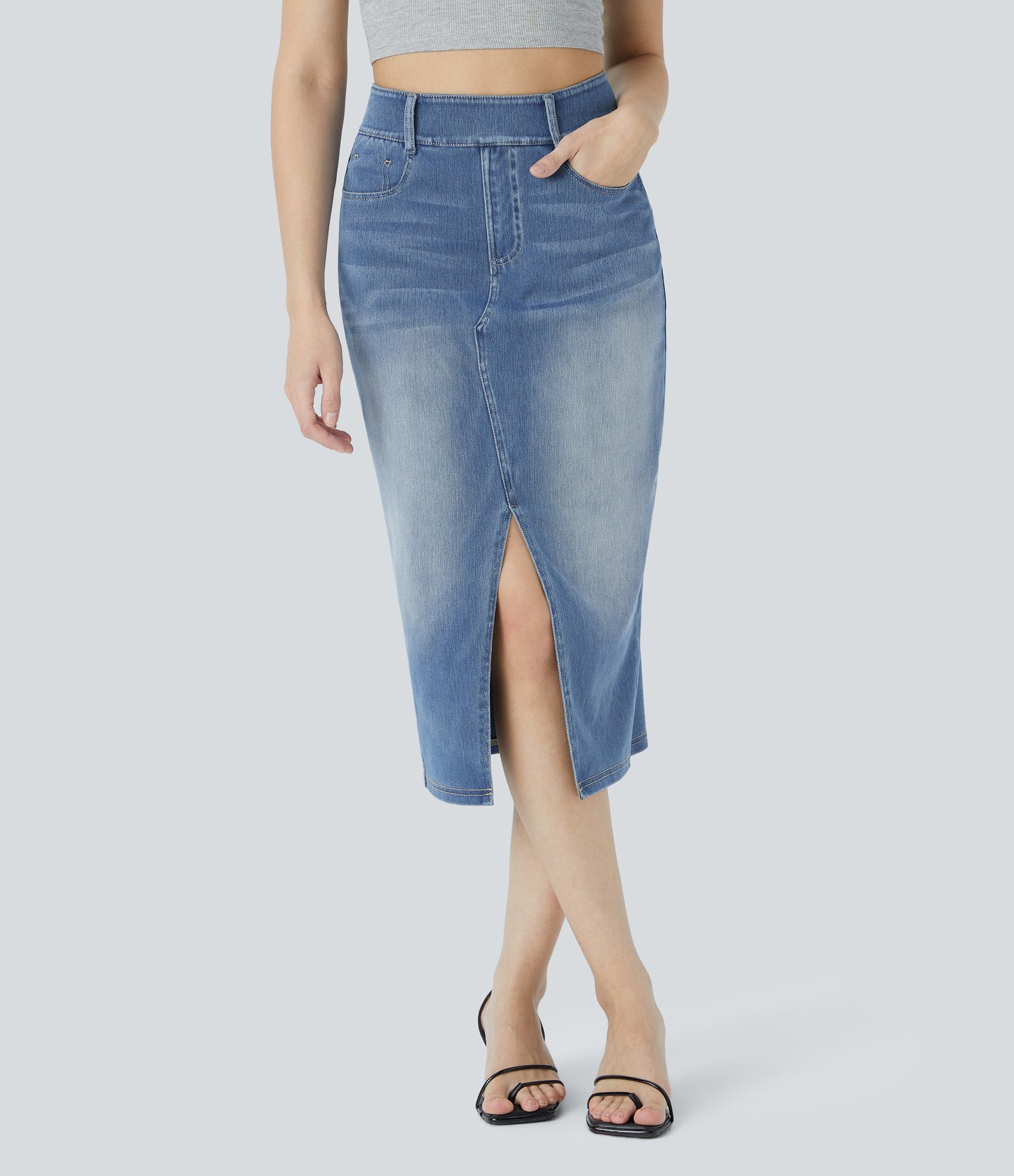 High Waisted Pockets Bodycon Washed Denim Casual Midi Skirt