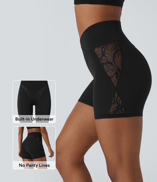 High Waisted Crossover Contrast Lace Built-in Underwear Yoga Biker Shorts 5'' with Pocket-UPF50+