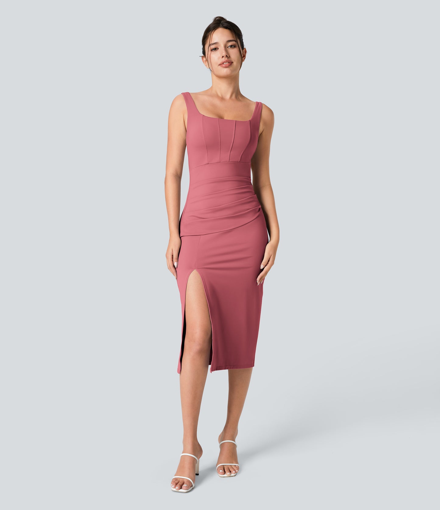 Square Neck Backless Corset Ruched Split Bodycon Midi Cool Touch Bridesmaid and Wedding Guest Dress