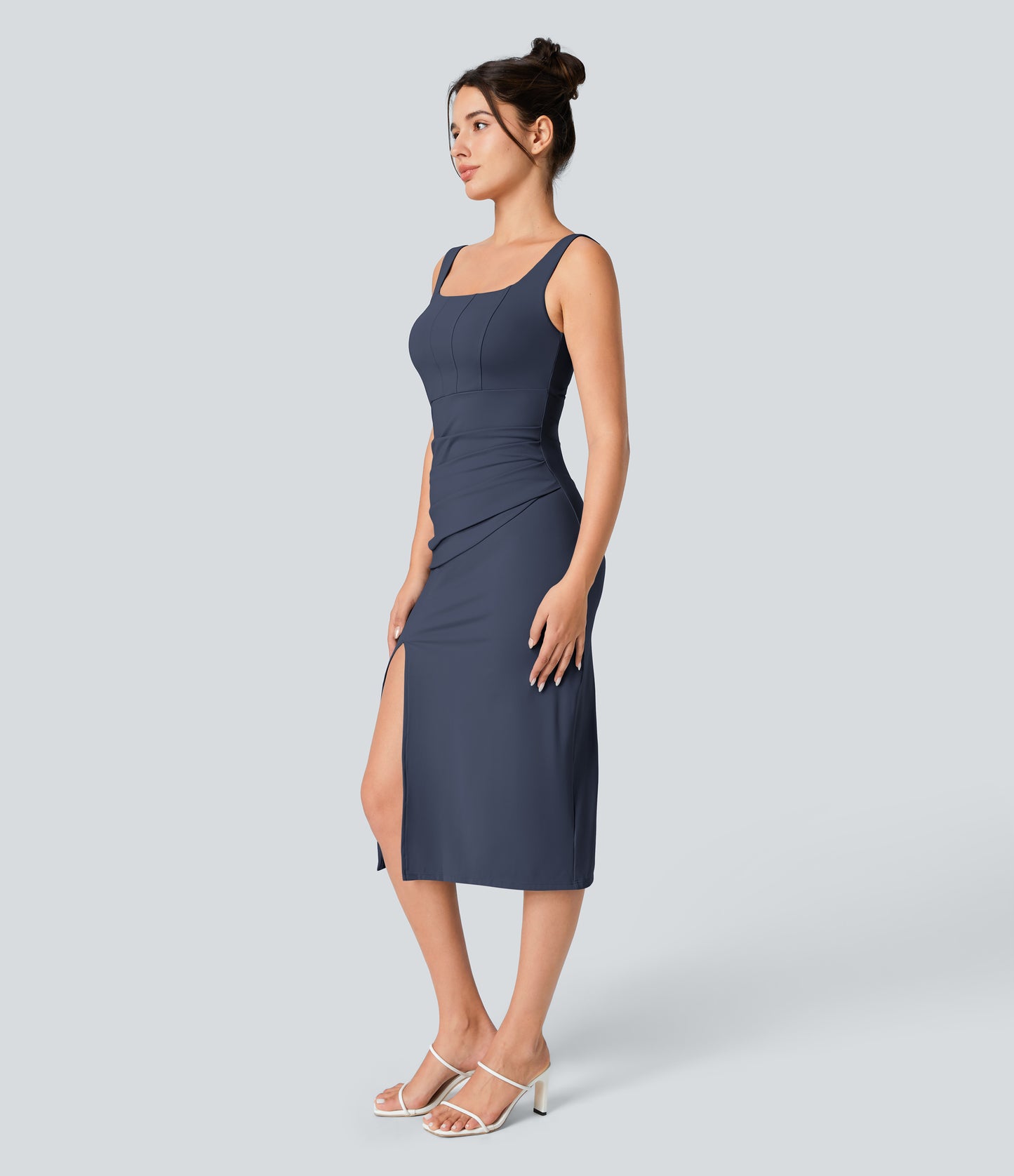 Square Neck Backless Corset Ruched Split Bodycon Midi Cool Touch Bridesmaid and Wedding Guest Dress