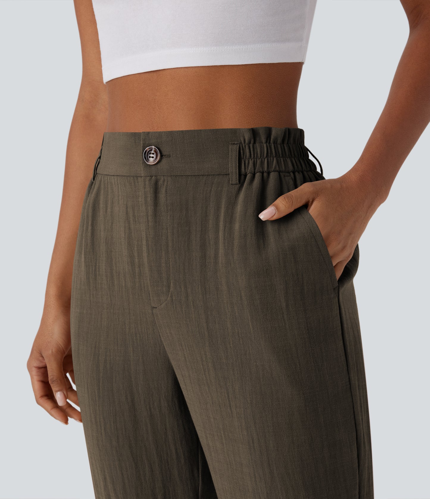 High Waisted Zipper Pocket Capri Linen-Feel Pants
