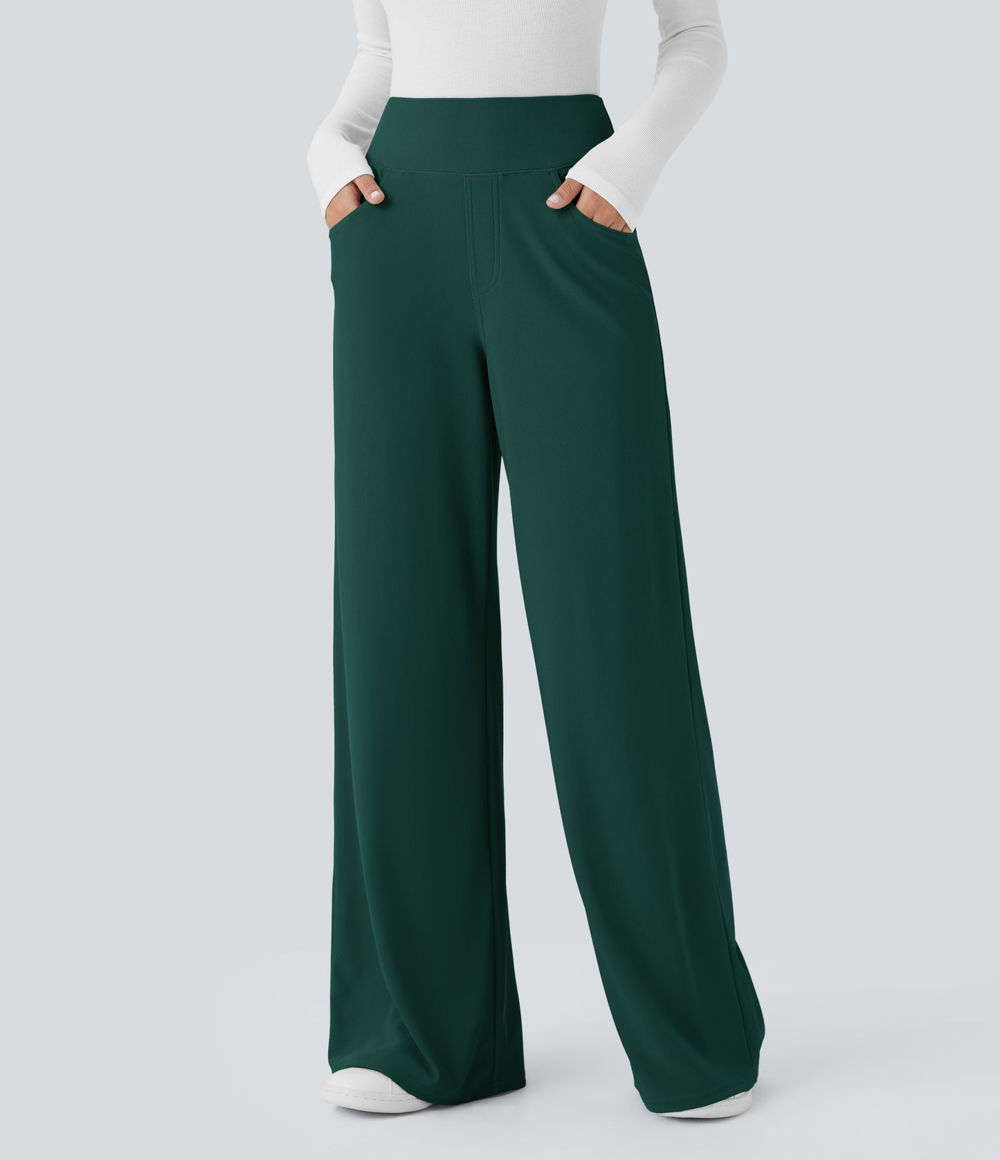 High Waisted Tummy Control Pockets Wide Leg Micro Waffle Work Pants