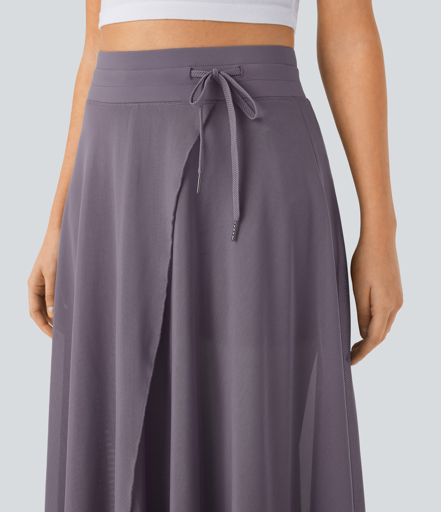High Waisted Drawstring Contrast Mesh 2-in-1 Pocket Flowy Maxi Flare Casual Skirt
