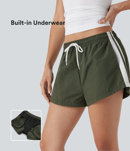 Low Rise Drawstring Color Block Built-in Underwear Casual Shorts with Pockets