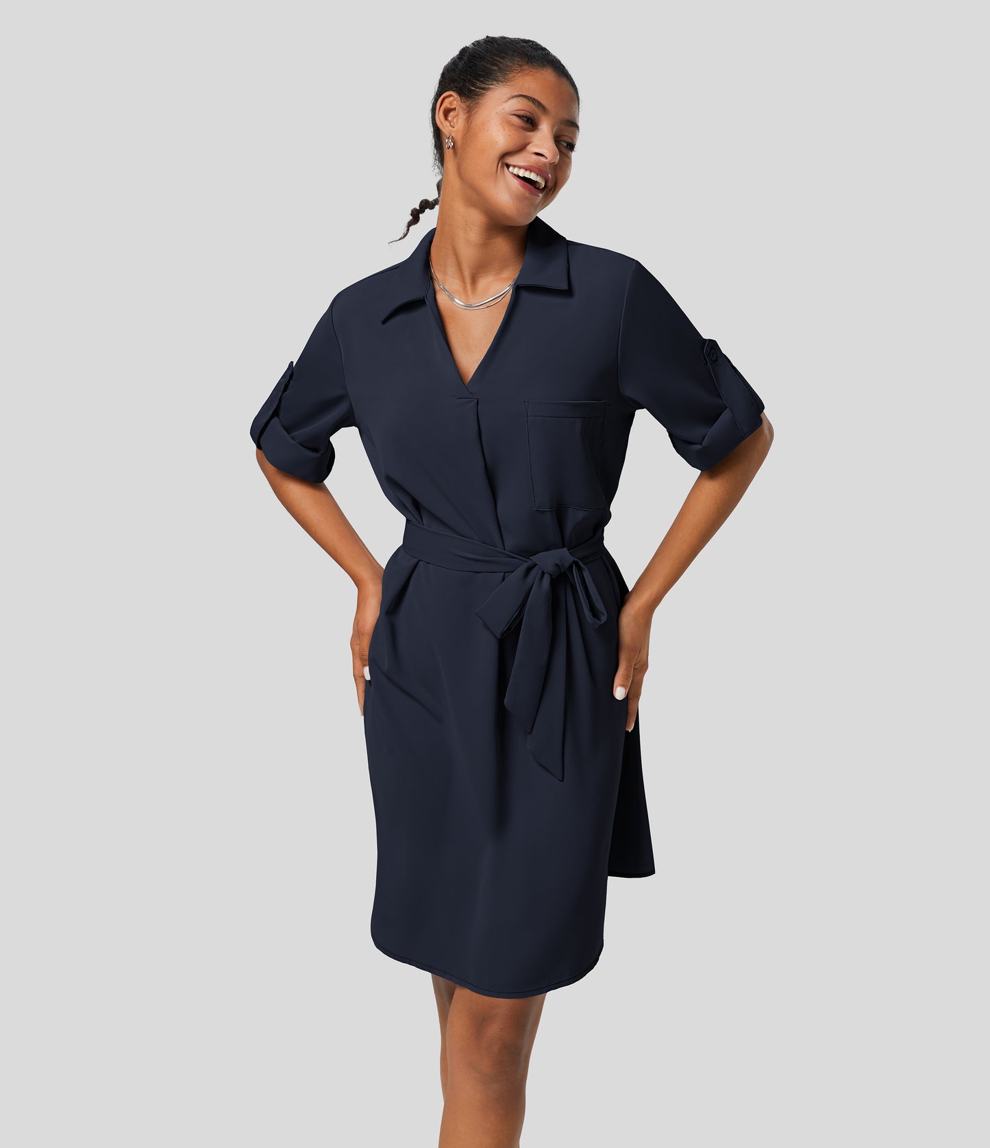 Roll Up Sleeve Belted Relaxed Work Shirt Dress