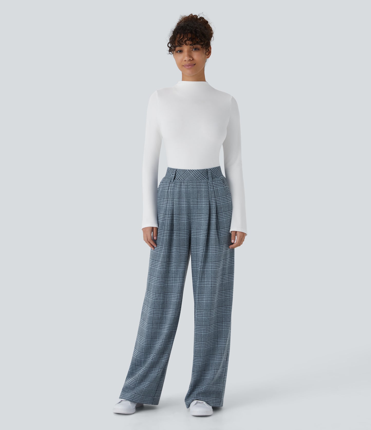 High Waisted Pocket Wide Leg Houndstooth Plaid Casual Pants
