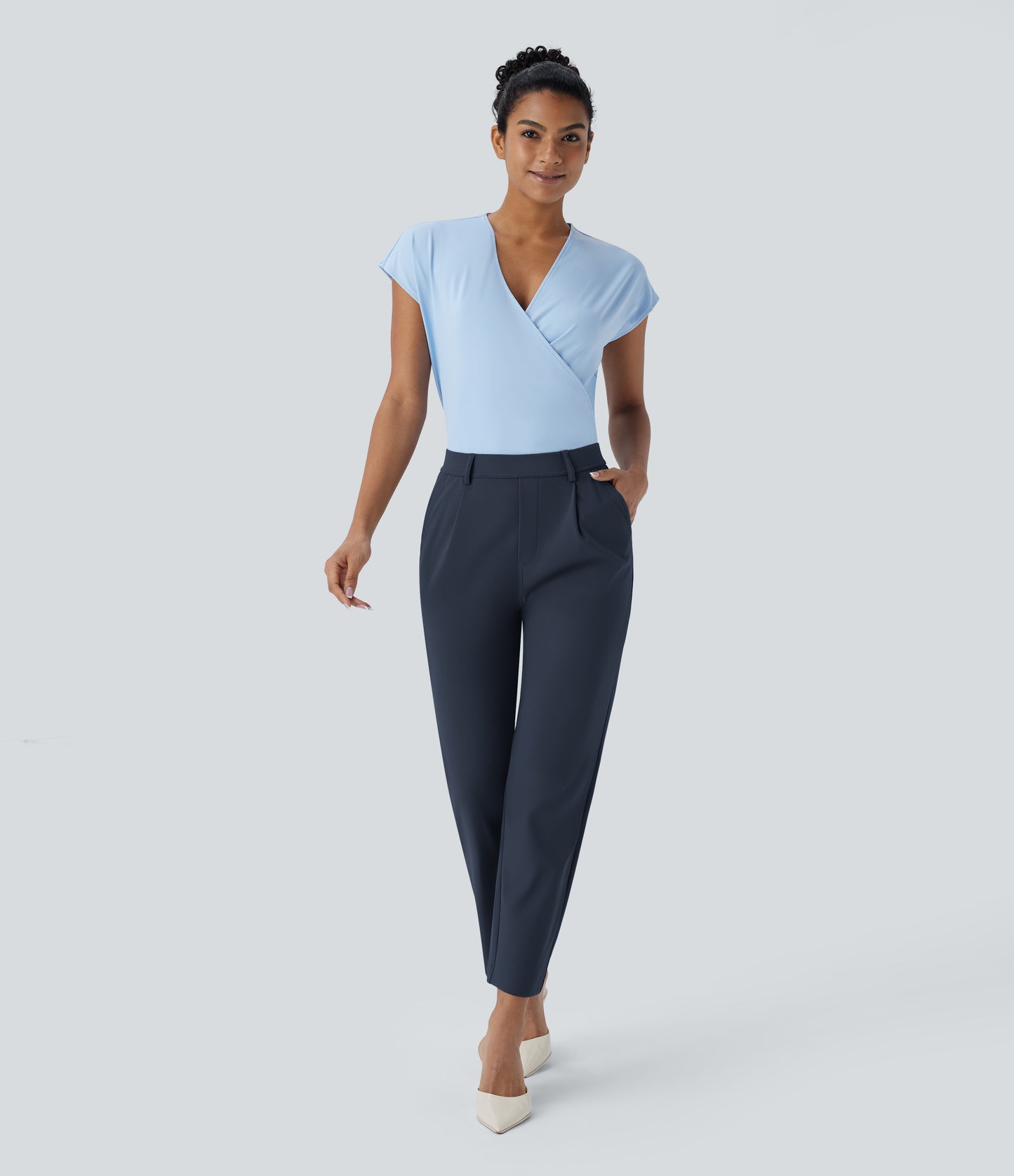 High Waisted Pocket Ankle Length Tapered Work Pants