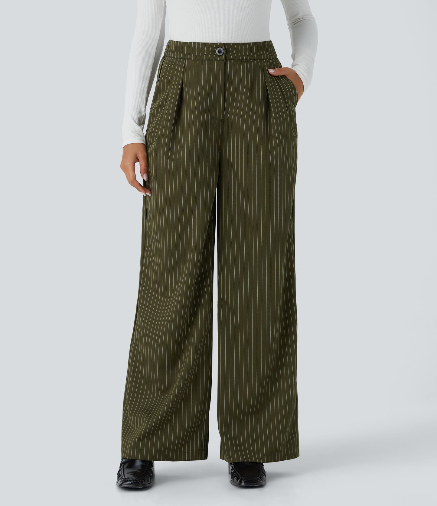 High Waisted Zipper Pocket Wide Leg Striped Work Pants