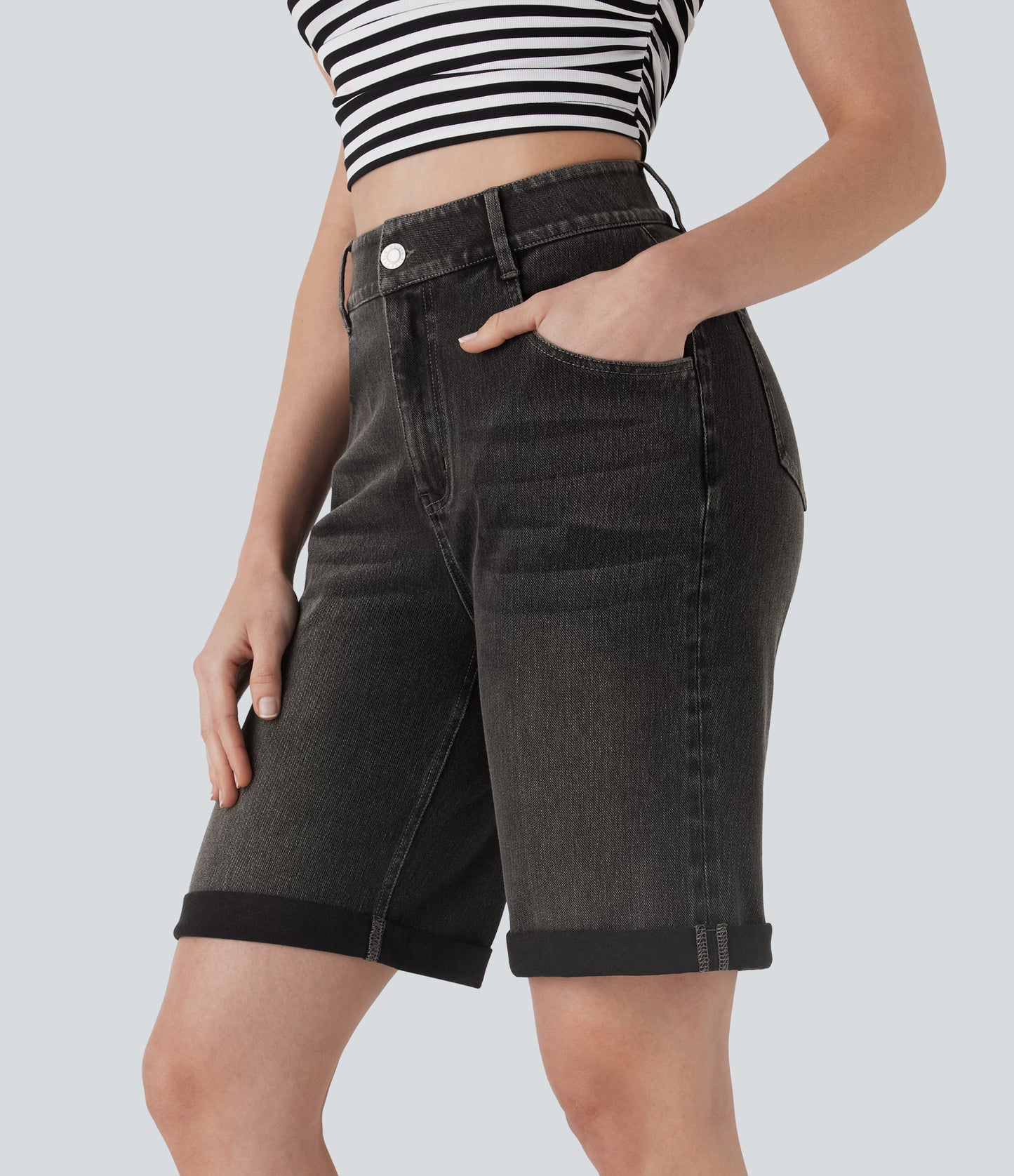 High Waisted Pockets Rolled Hem Washed Denim Casual Bermuda Shorts