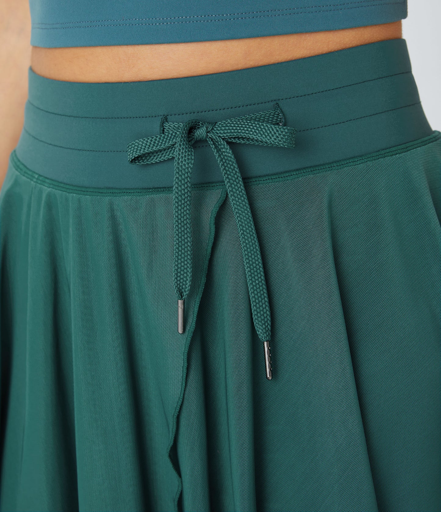 High Waisted Drawstring Contrast Mesh 2-in-1 Pocket Flowy Mini Flare Casual Skirt