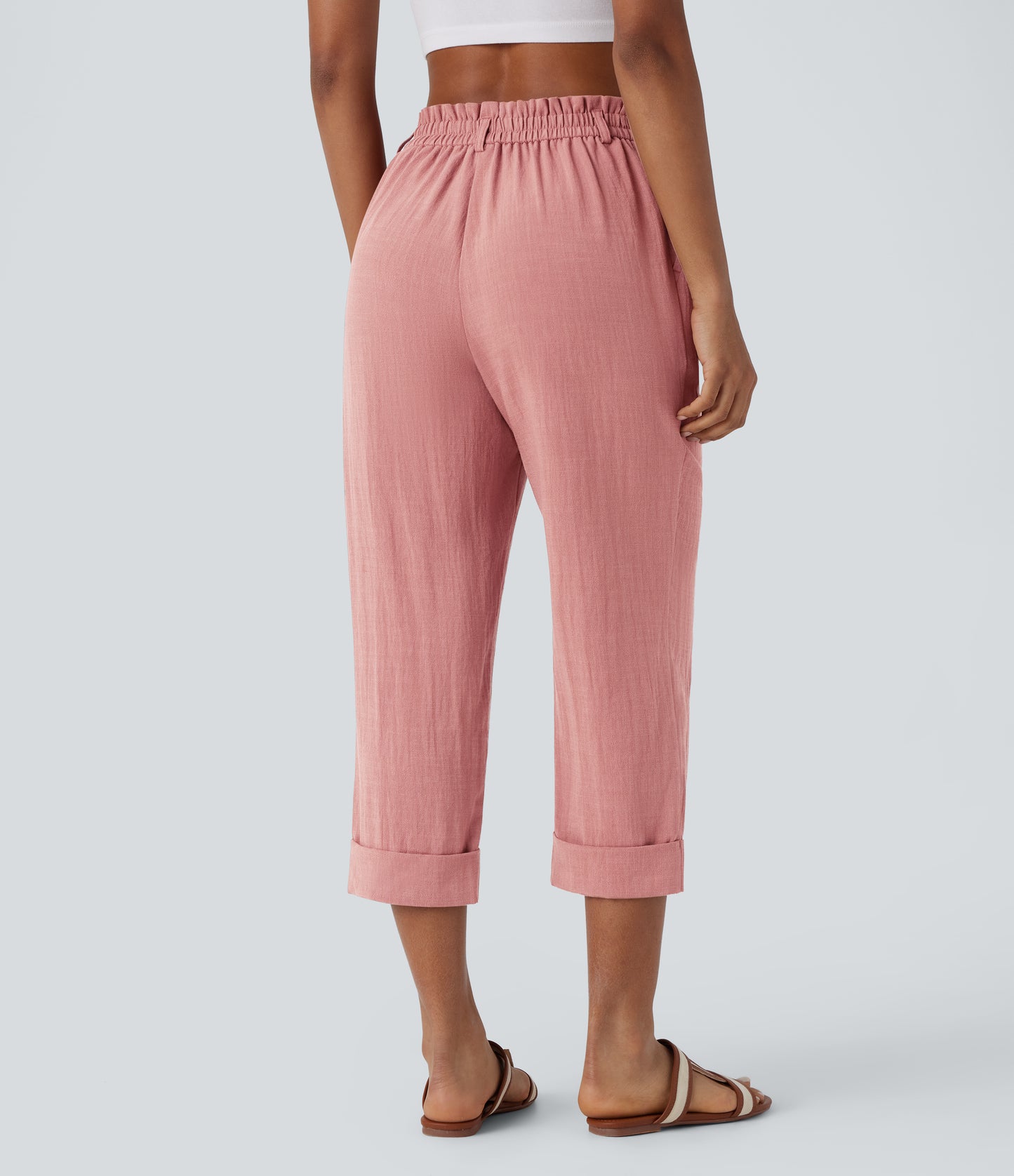 High Waisted Zipper Pocket Capri Linen-Feel Pants