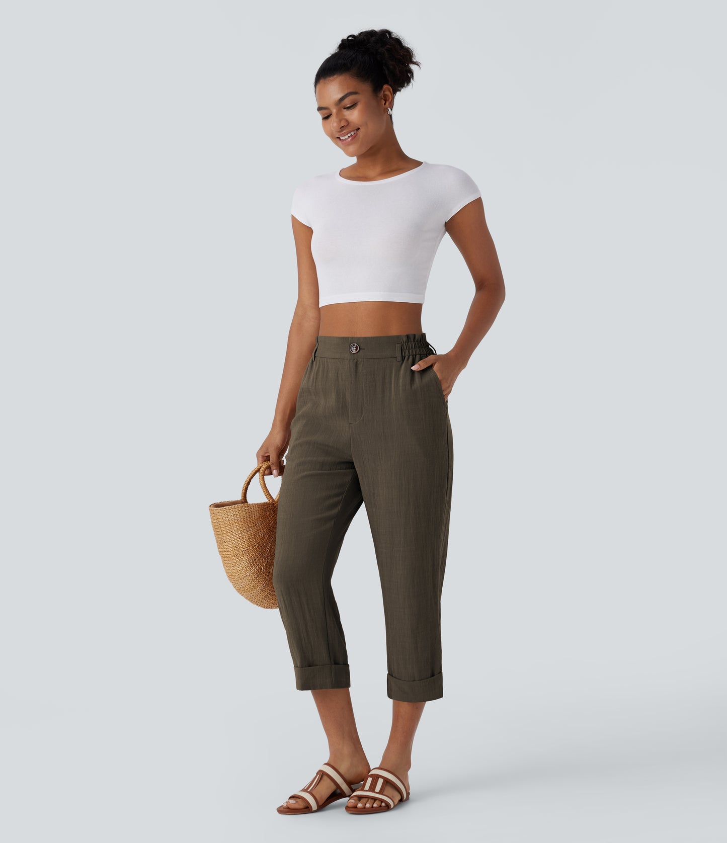 High Waisted Zipper Pocket Capri Linen-Feel Pants