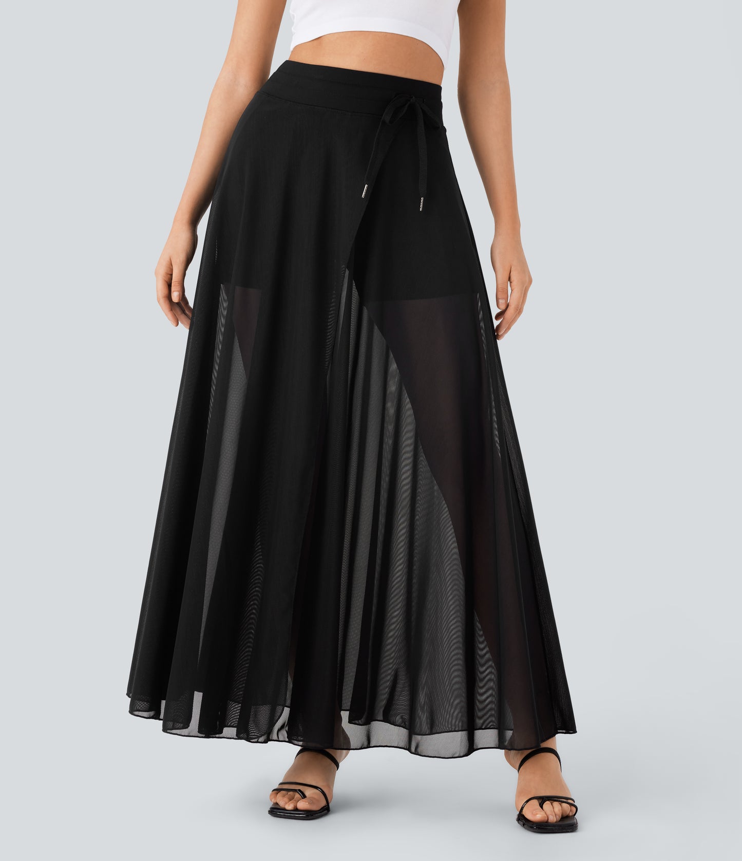 High Waisted Drawstring Contrast Mesh 2-in-1 Pocket Flowy Maxi Flare Casual Skirt