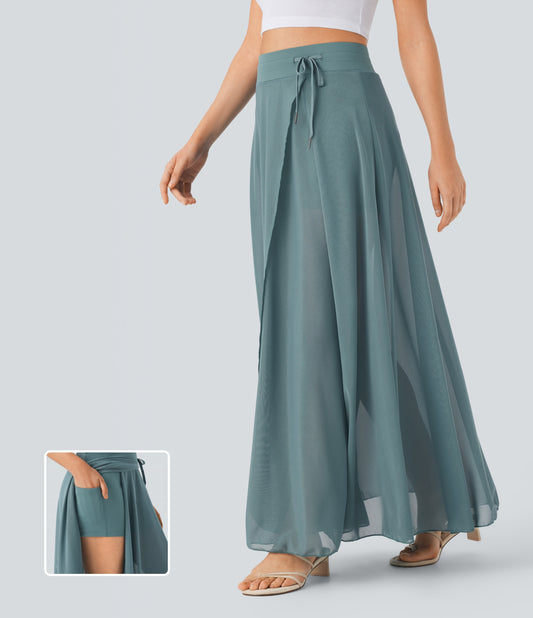 High Waisted Drawstring Contrast Mesh 2-in-1 Pocket Flowy Maxi Flare Casual Skirt