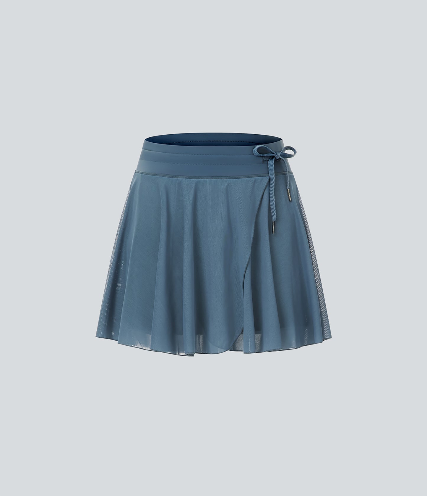 High Waisted Drawstring Contrast Mesh 2-in-1 Pocket Flowy Mini Flare Casual Skirt