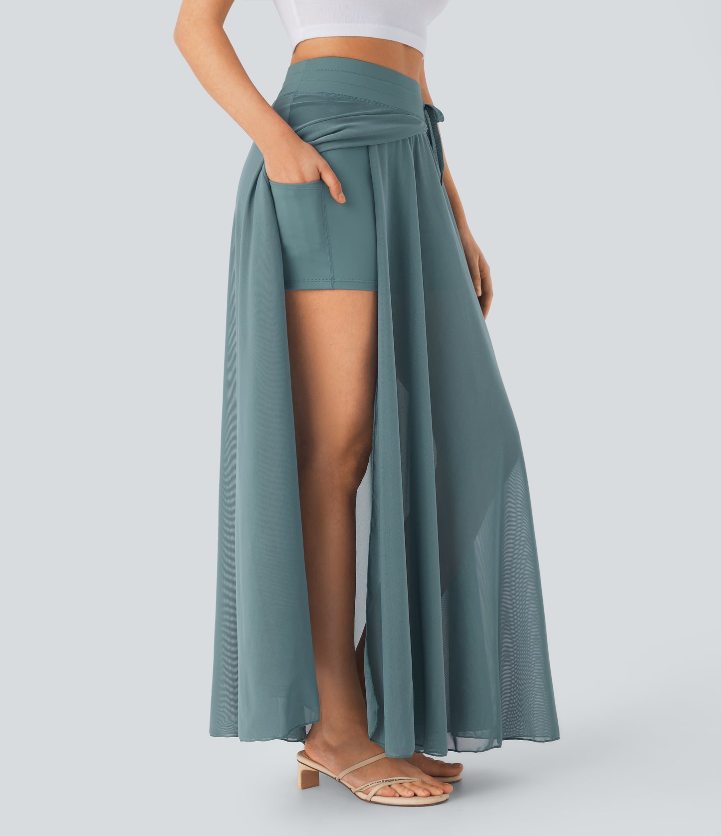 High Waisted Drawstring Contrast Mesh 2-in-1 Pocket Flowy Maxi Flare Casual Skirt