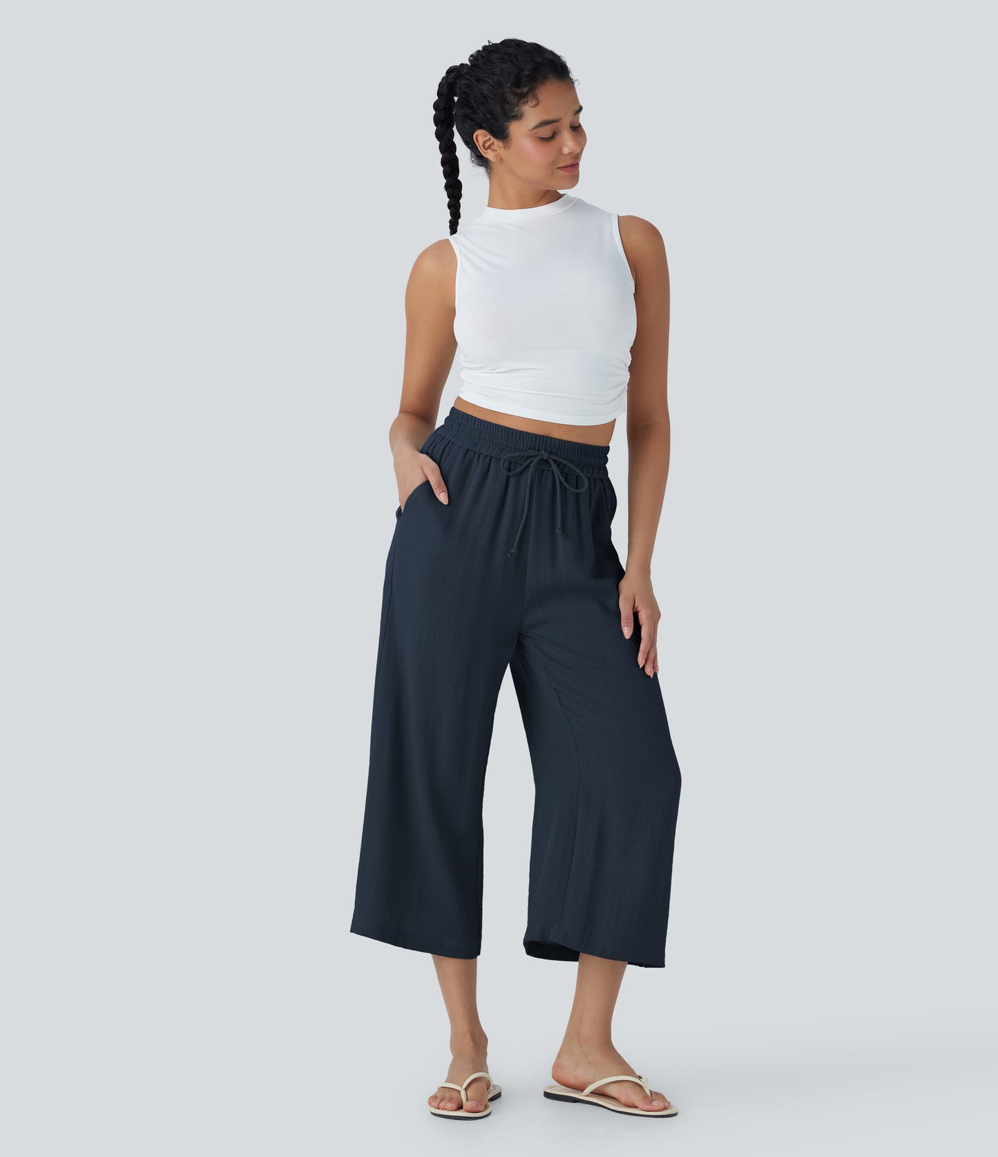 High Waisted Drawstring Wide Leg Cropped Casual Linen-Feel Pants with Pockets