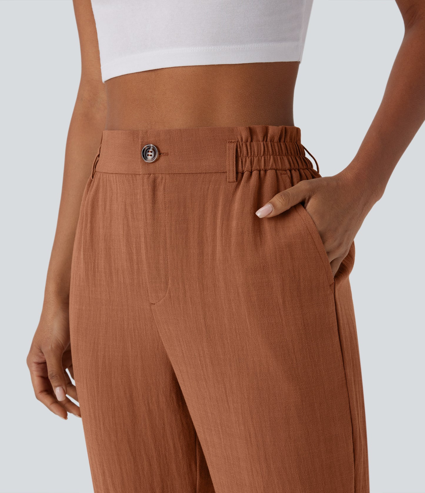 High Waisted Zipper Pocket Capri Linen-Feel Pants