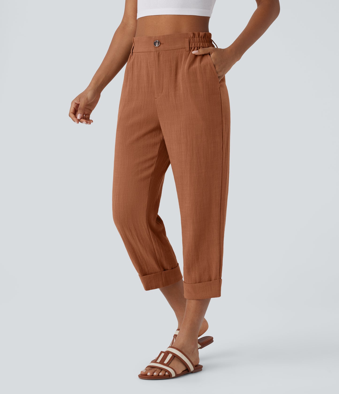 High Waisted Zipper Pocket Capri Linen-Feel Pants