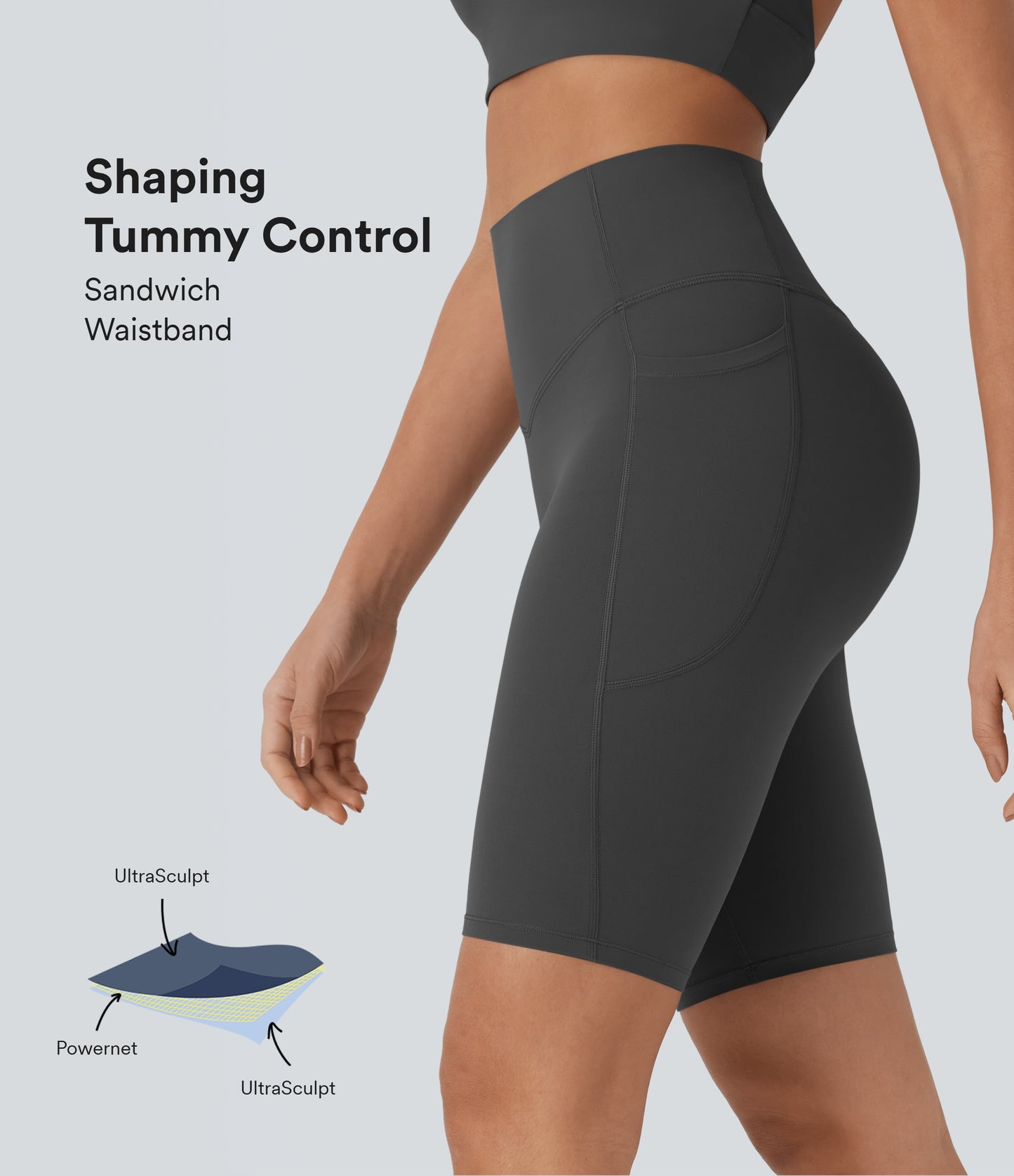 Short cycliste taille haute avec poches gainantes et effet gainant, 23 cm 