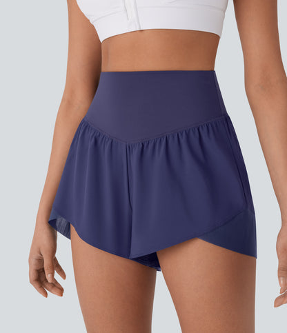 Schnelltrocknende Yoga-Shorts mit hoher Taille, überkreuztem Saum und Tasche