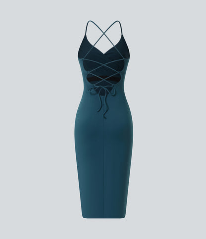 Crossover Ruched Lace Up Bodycon Cool Touch Dress-UPF50+