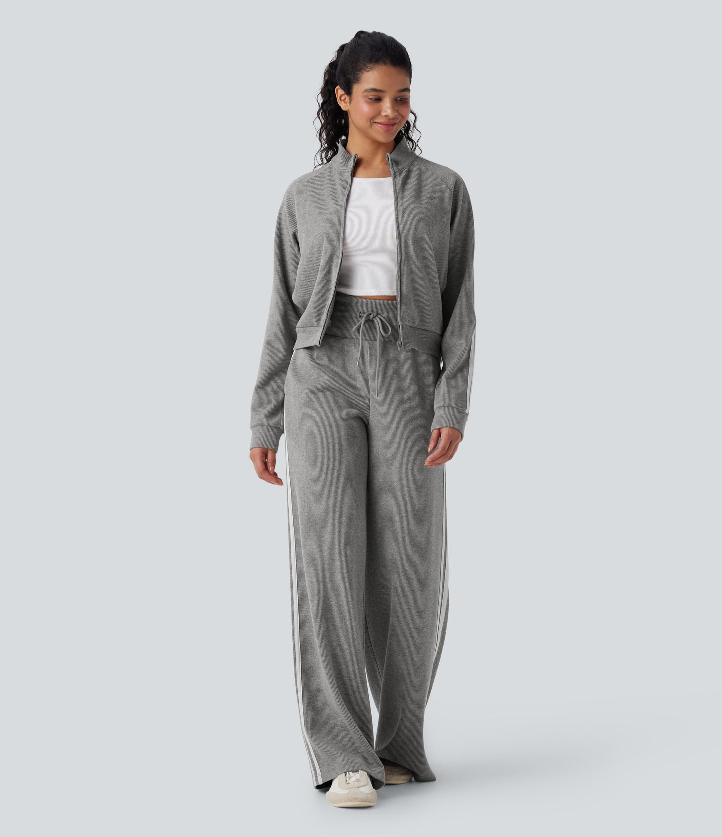 High Waisted Tummy Control Drawstring Wide Leg Color Block Casual Pants with Pockets