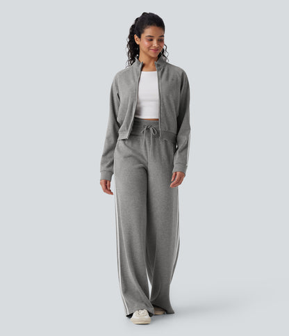 High Waisted Tummy Control Drawstring Wide Leg Color Block Casual Pants with Pockets
