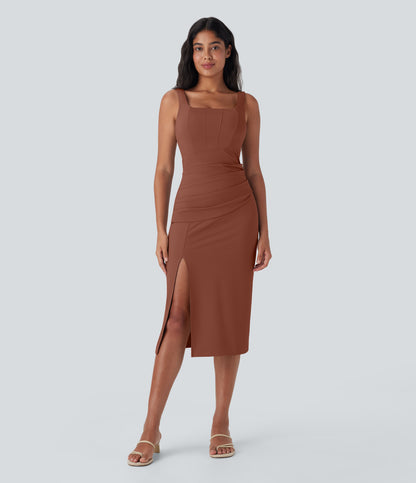 Square Neck Corset Ruched Bodycon Midi Cool Touch Dress-D/DD/DDD/F Cups