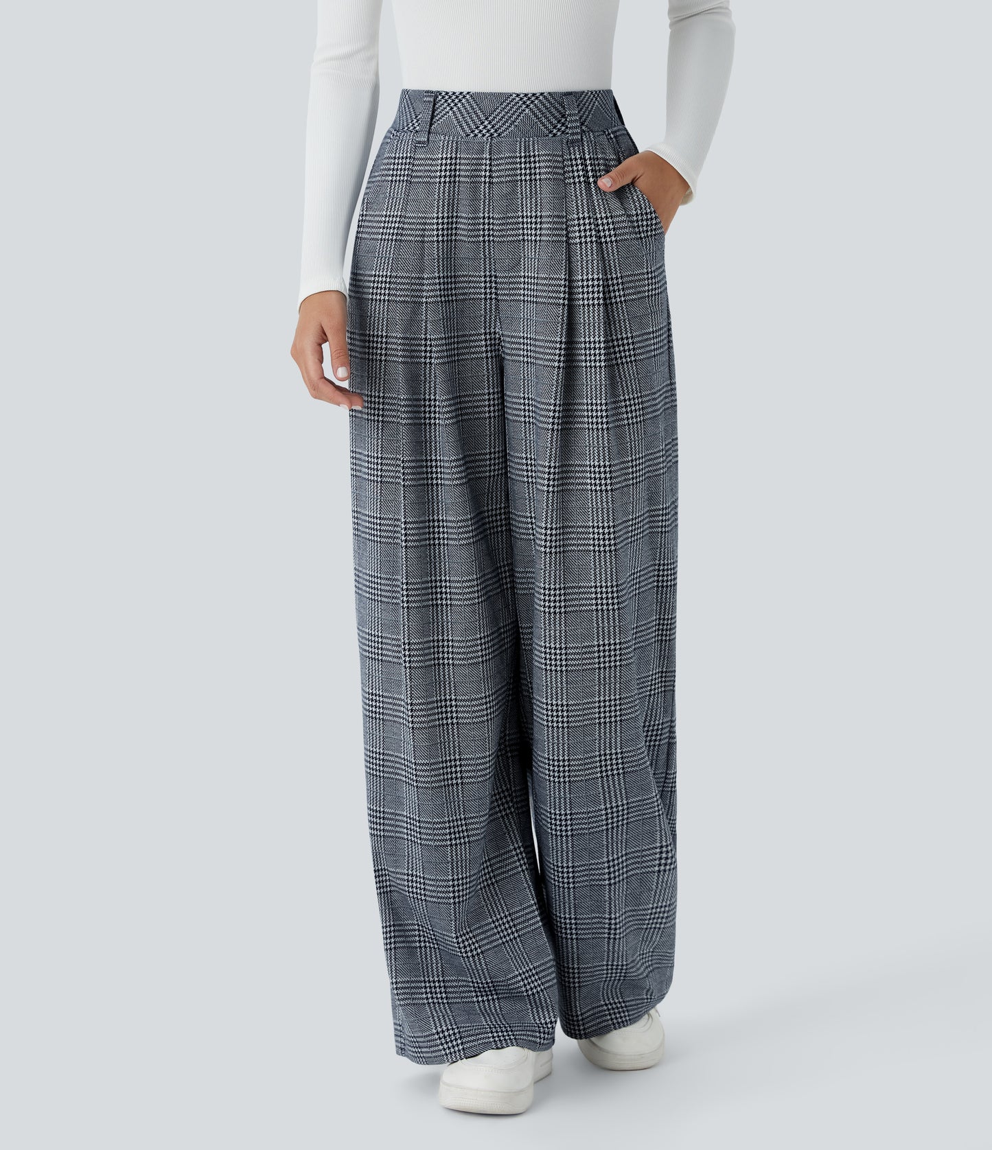High Waisted Pocket Wide Leg Houndstooth Plaid Casual Pants