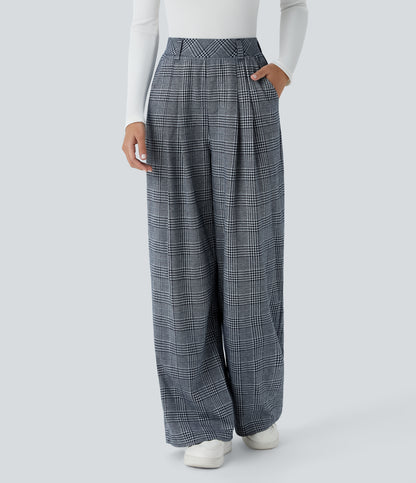 High Waisted Pocket Wide Leg Houndstooth Plaid Casual Pants