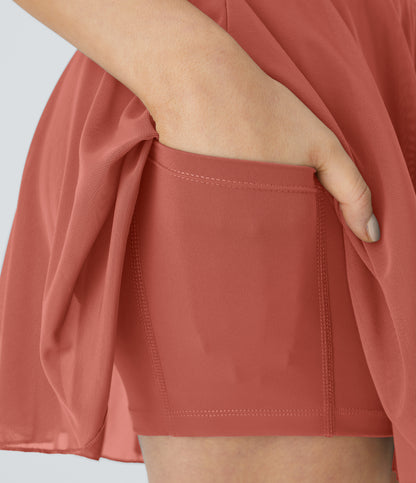 High Waisted Drawstring Contrast Mesh 2-in-1 Pocket Flowy Mini Flare Casual Skirt