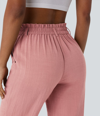 High Waisted Zipper Pocket Capri Linen-Feel Pants
