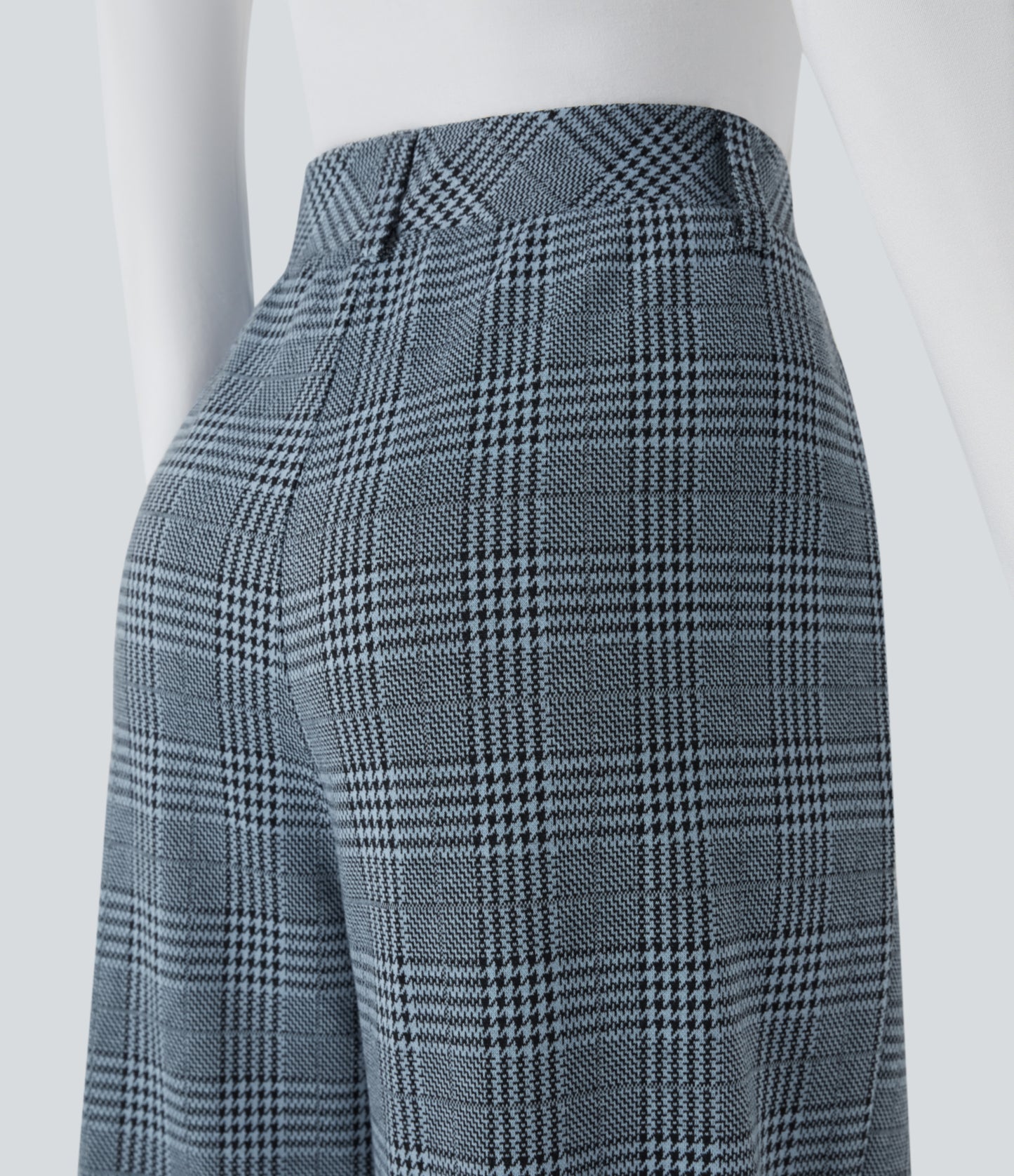 High Waisted Pocket Wide Leg Houndstooth Plaid Casual Pants