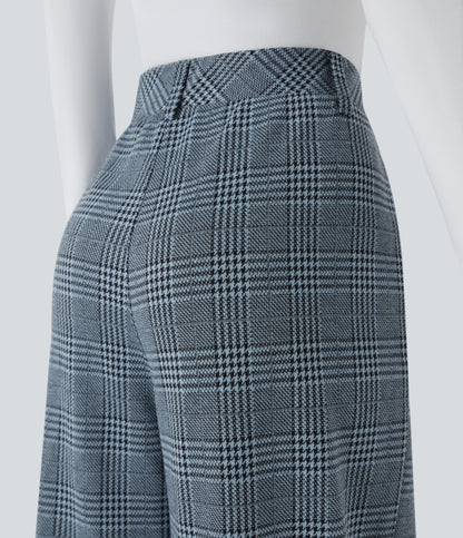 High Waisted Pocket Wide Leg Houndstooth Plaid Casual Pants