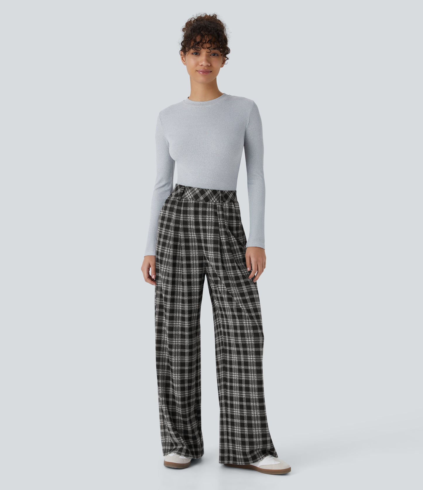 High Waisted Pocket Wide Leg Houndstooth Plaid Casual Pants