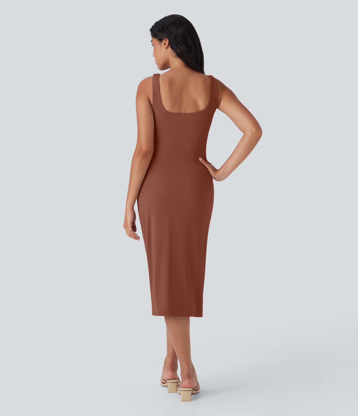 Square Neck Corset Ruched Bodycon Midi Cool Touch Dress-D/DD/DDD/F Cups