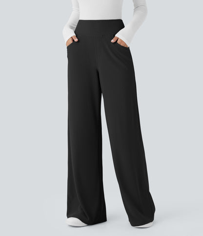 High Waisted Tummy Control Pockets Wide Leg Micro Waffle Work Pants