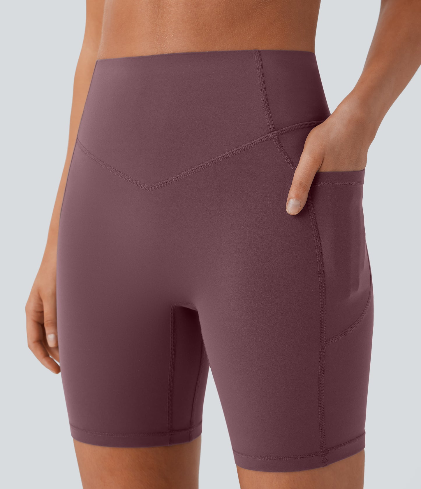Høy midje, skrumpet rumpeløftende, magekontroll, formende treningsbiker-shorts med sidelommer, 18 cm