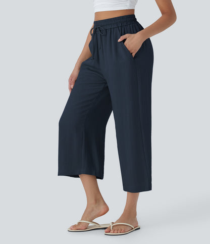 High Waisted Drawstring Wide Leg Cropped Casual Linen-Feel Pants with Pockets
