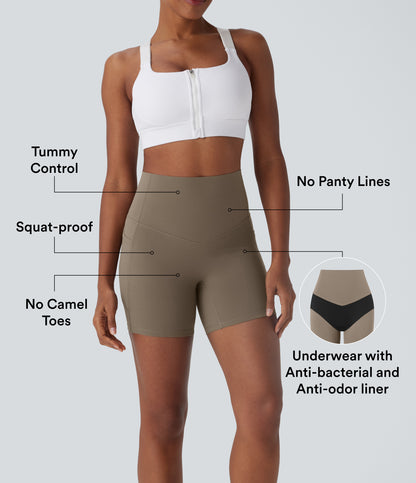 High Waisted Tummy Control Built-in Underwear Anti-Bacterial Shaping Training Biker Shorts 5'' With Pockets